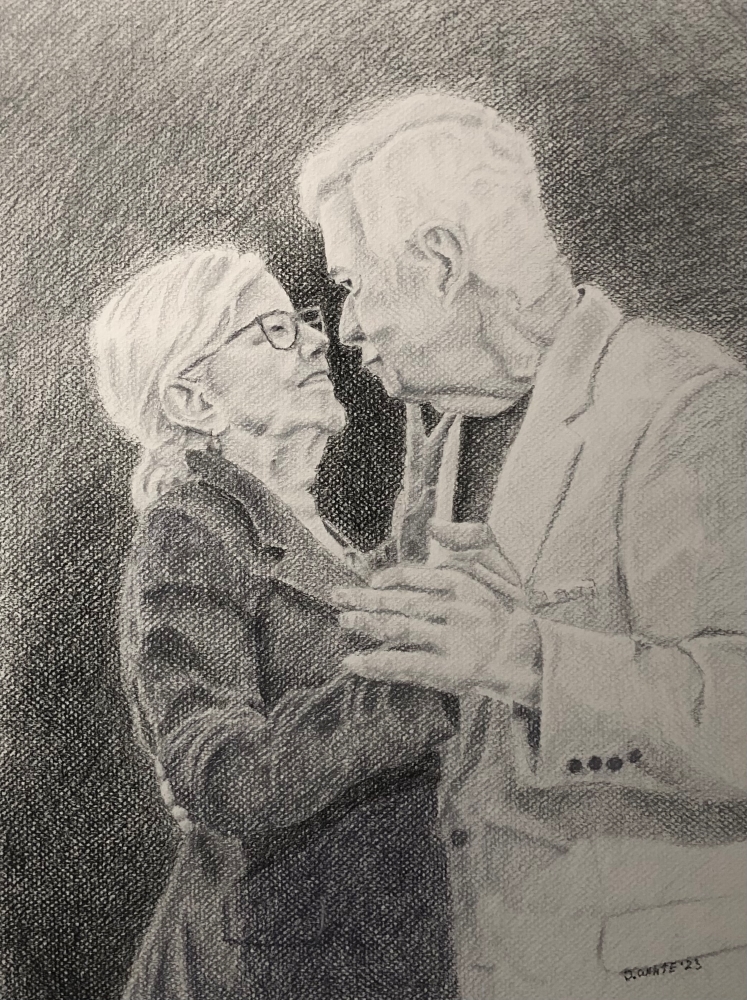 Portrait drawing of couple dancing.