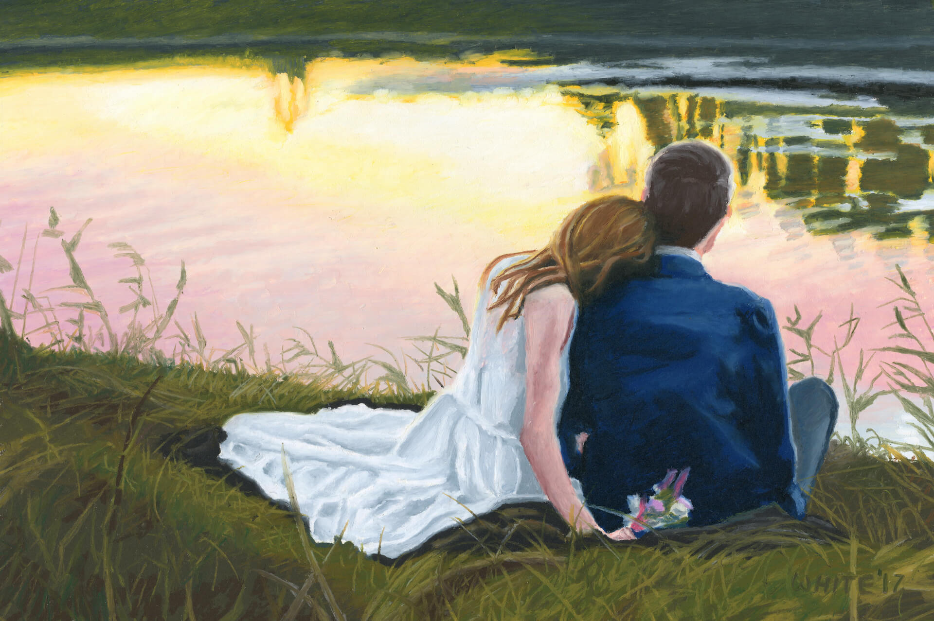 Wedding portrait painting of a newlywed couple sitting on a pond in Maine